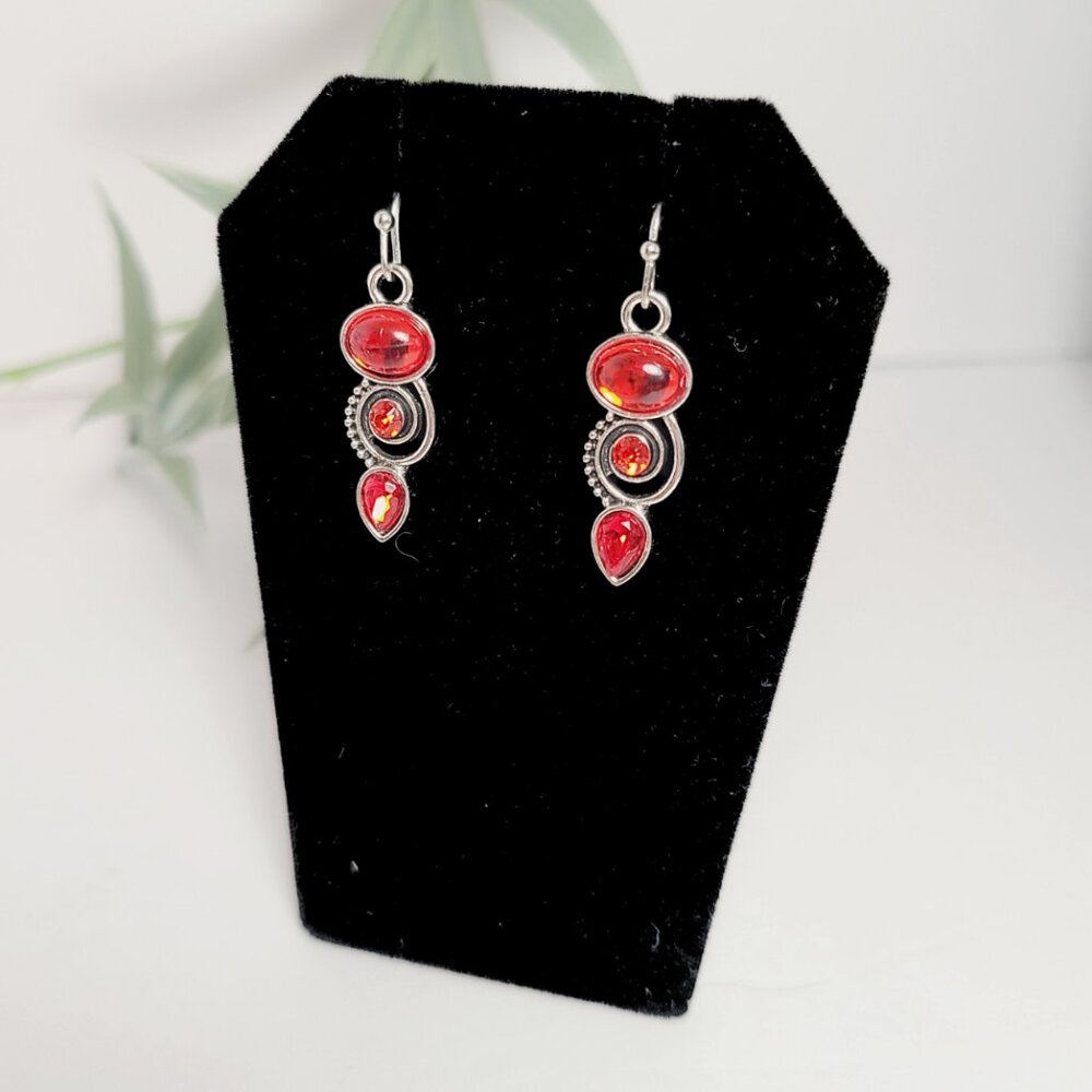 Elegant Red and Silver Tone Dangle Earrings